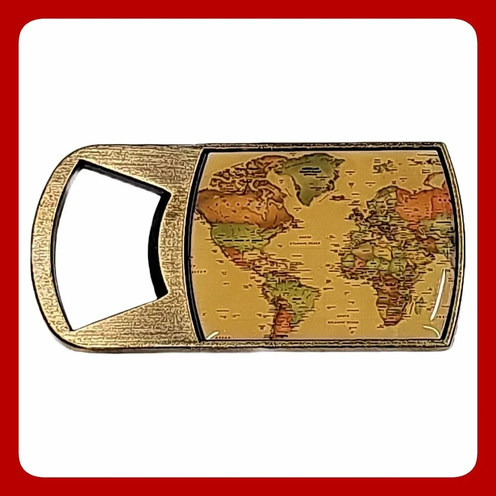 Brass World Map Handheld Bottle Opener Antique Gold Metal Vintage Bar Tool EUC